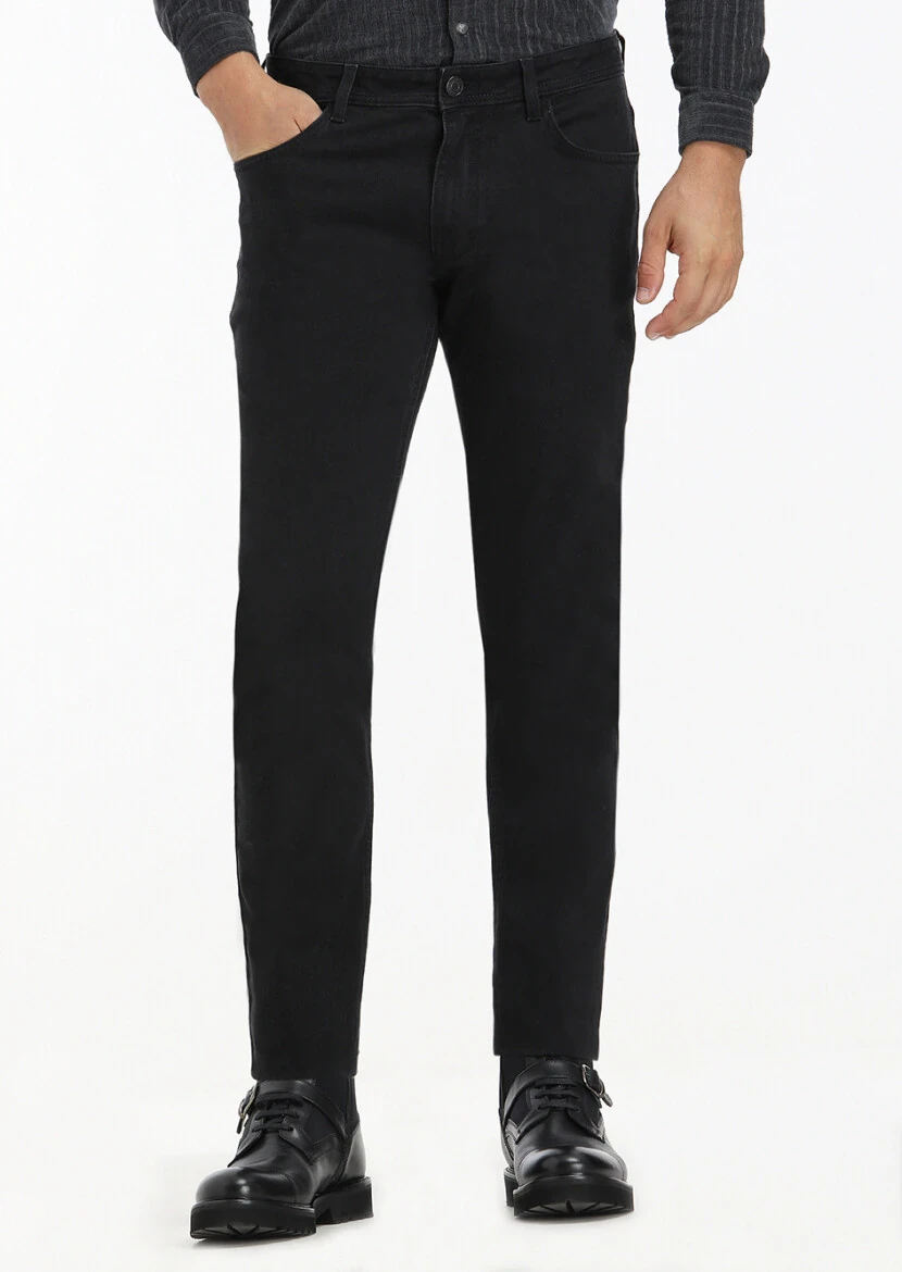 Black Slim Fit Denim Cotton Blended Trousers 