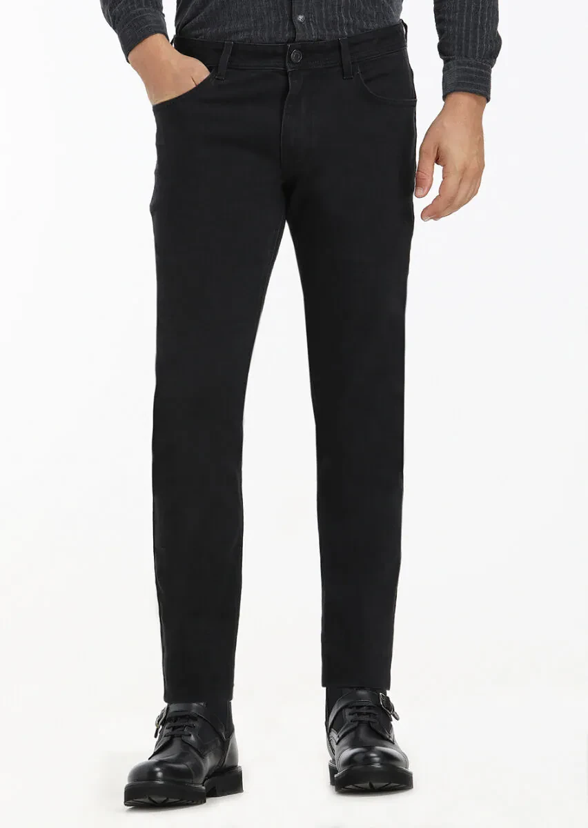 Black Slim Fit Denim Cotton Blended Trousers - 2