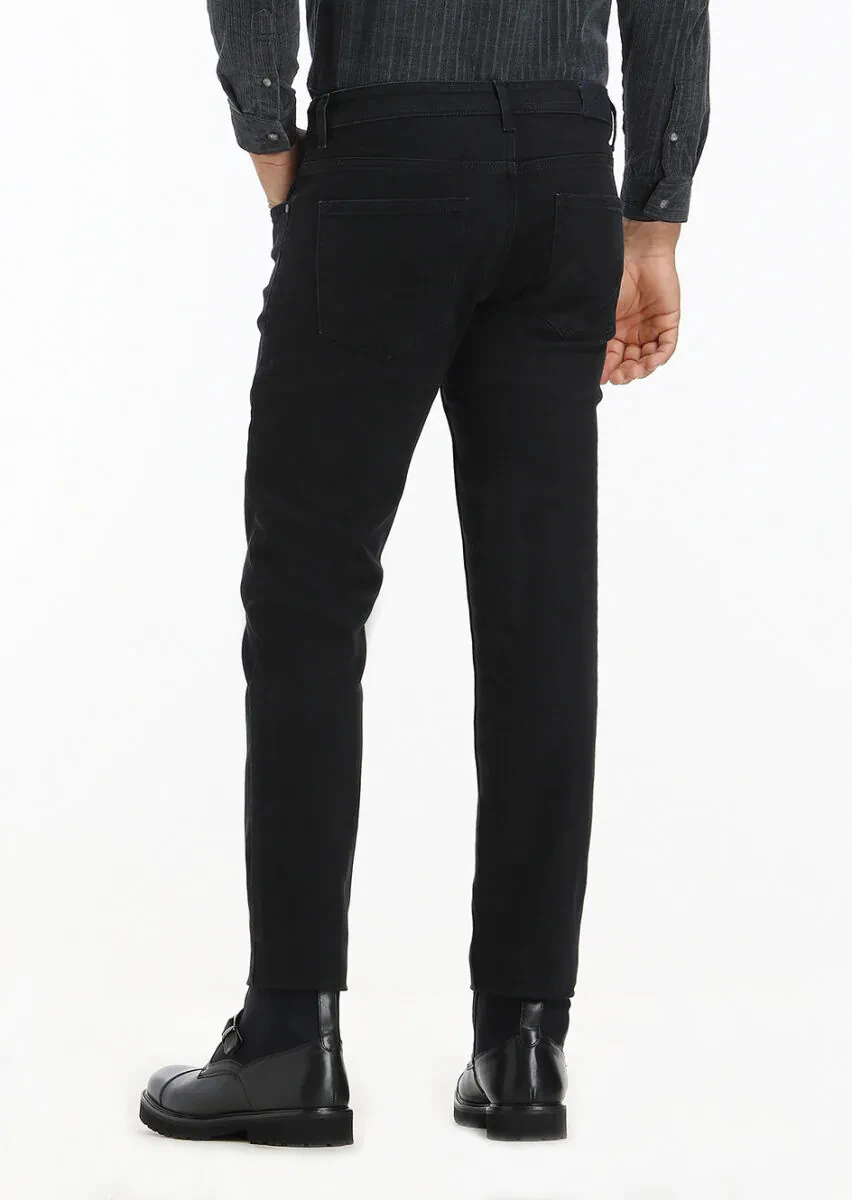 Black Slim Fit Denim Cotton Blended Trousers - 4