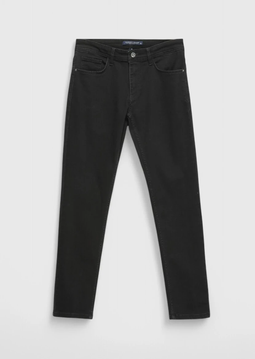 Black Slim Fit Denim Cotton Blended Trousers - 6