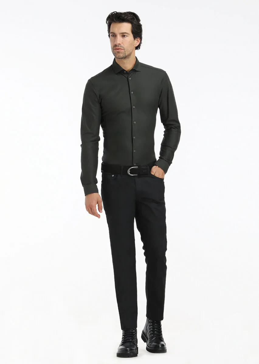 Black Slim Fit Denim Cotton Blended Trousers - 1