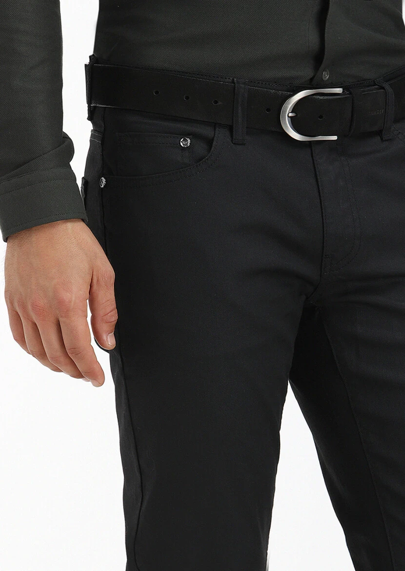 Black Slim Fit Denim Cotton Blended Trousers - 2