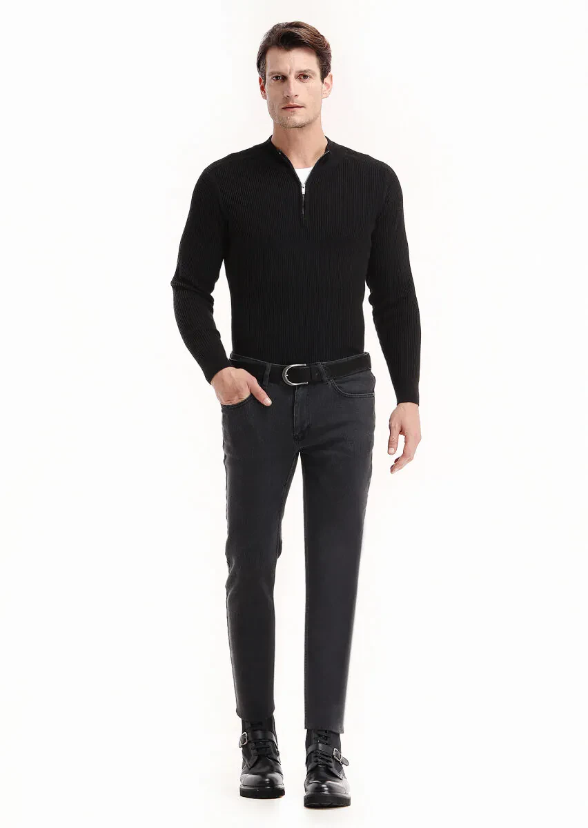 Black Slim Fit Denim Cotton Blended Trousers - 1