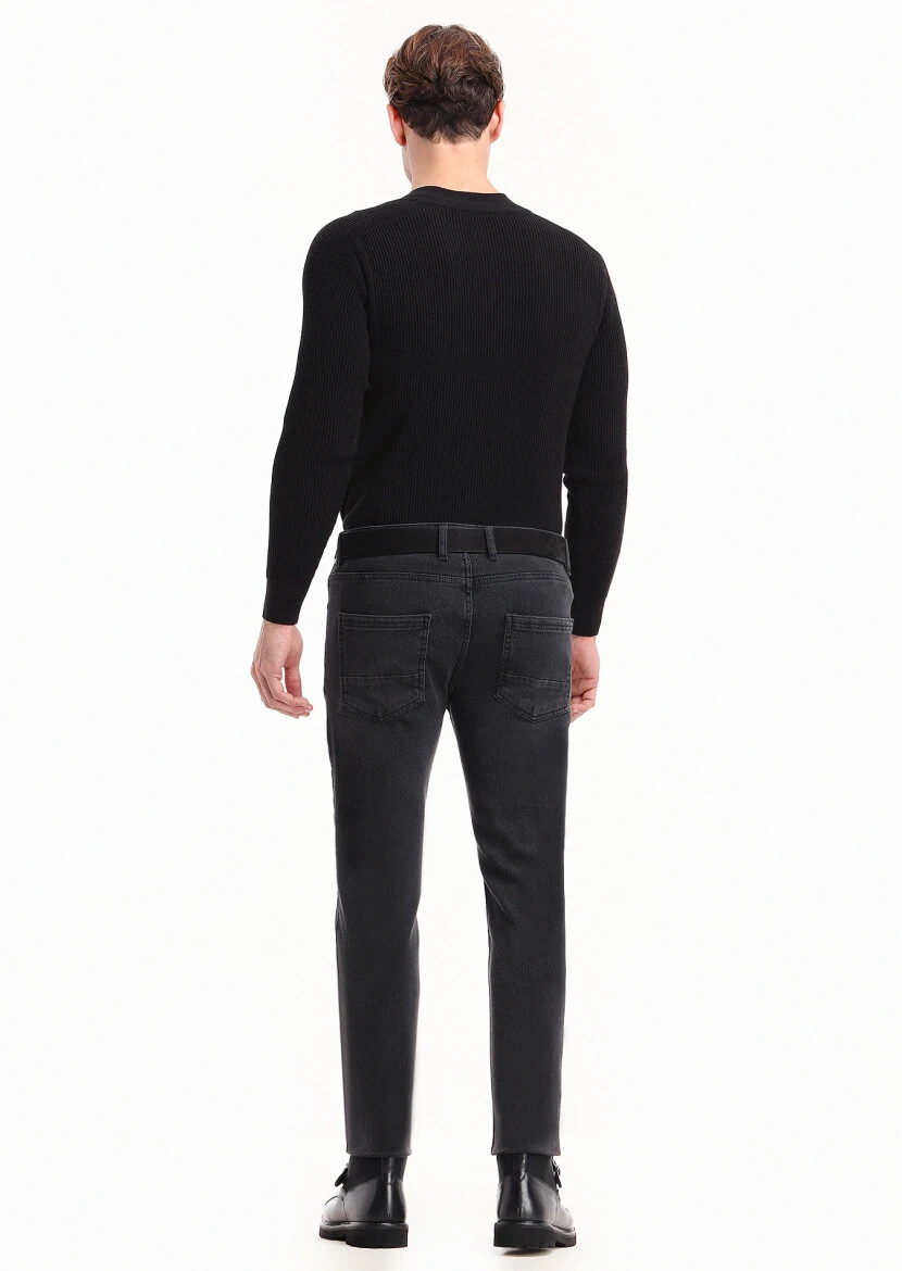 Black Slim Fit Denim Cotton Blended Trousers - 4