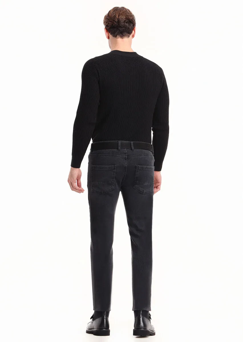 Black Slim Fit Denim Cotton Blended Trousers - 4