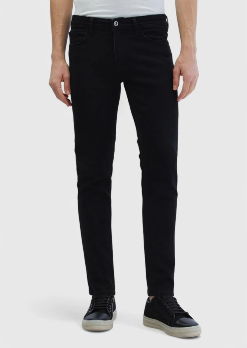 Black Slim Fit Denim Cotton Blended Trousers - RAMSEY