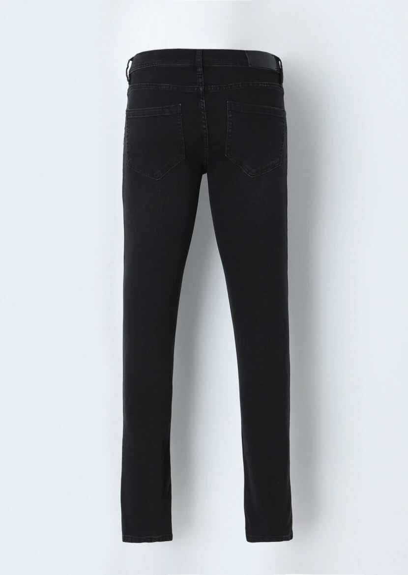 Black Slim Fit Denim Cotton Blended Trousers - 3