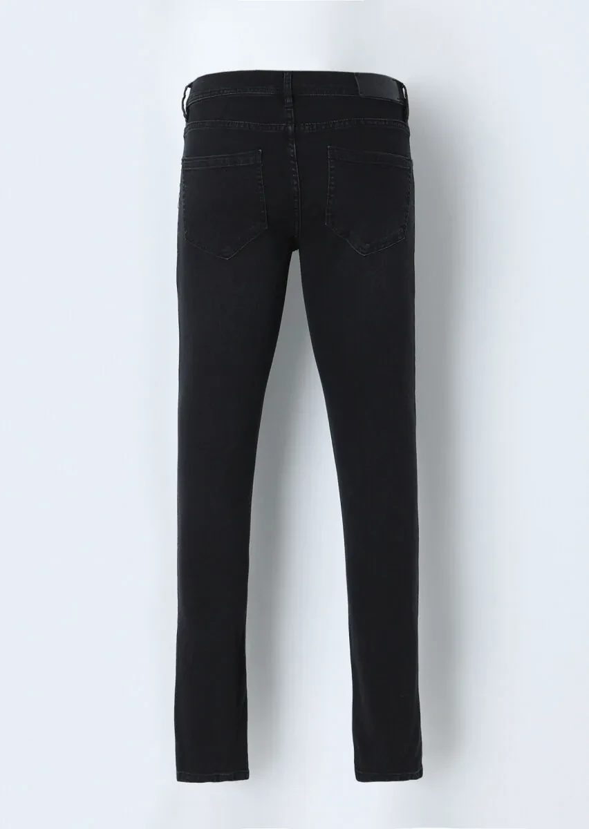 Black Slim Fit Denim Cotton Blended Trousers - 3