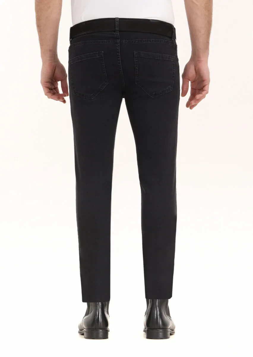 Black Slim Fit Denim Cotton Blended Trousers - 4
