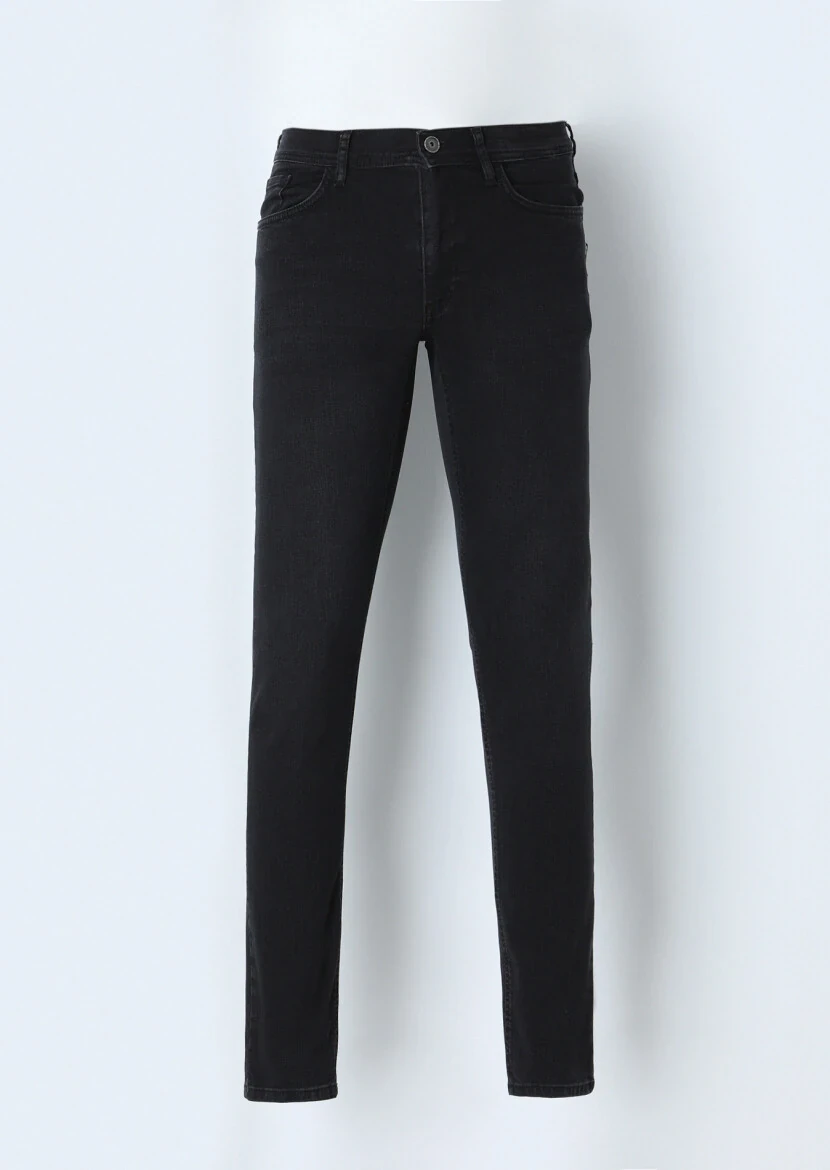 Black Slim Fit Denim Cotton Blended Trousers - 5
