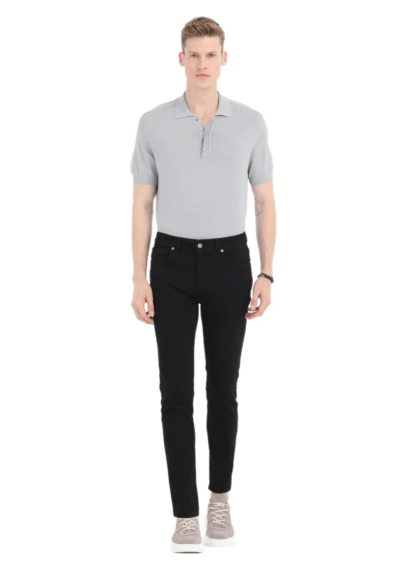 Black Slim Fit Denim Cotton Blended Trousers - 1