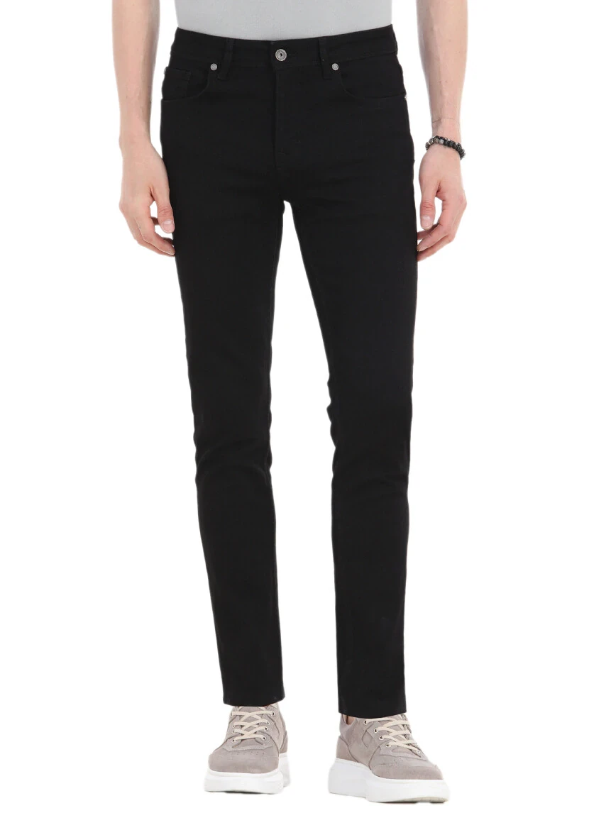 Black Slim Fit Denim Cotton Blended Trousers - 2