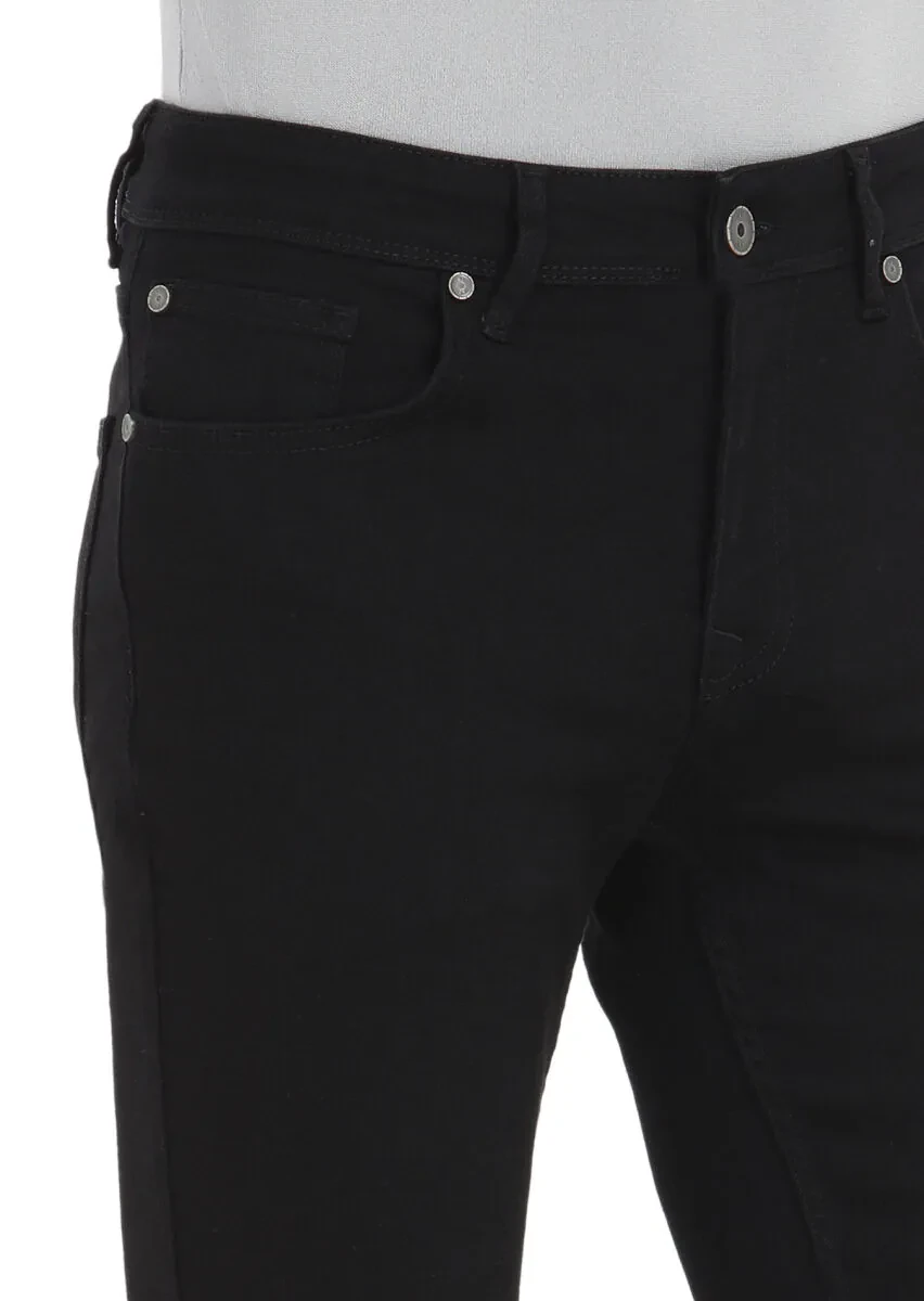 Black Slim Fit Denim Cotton Blended Trousers - 3