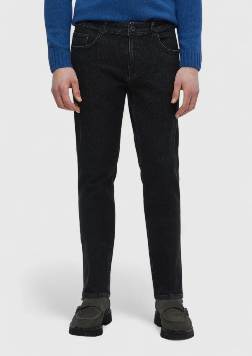 Black Slim Fit Denim Cotton Blended Trousers - RAMSEY
