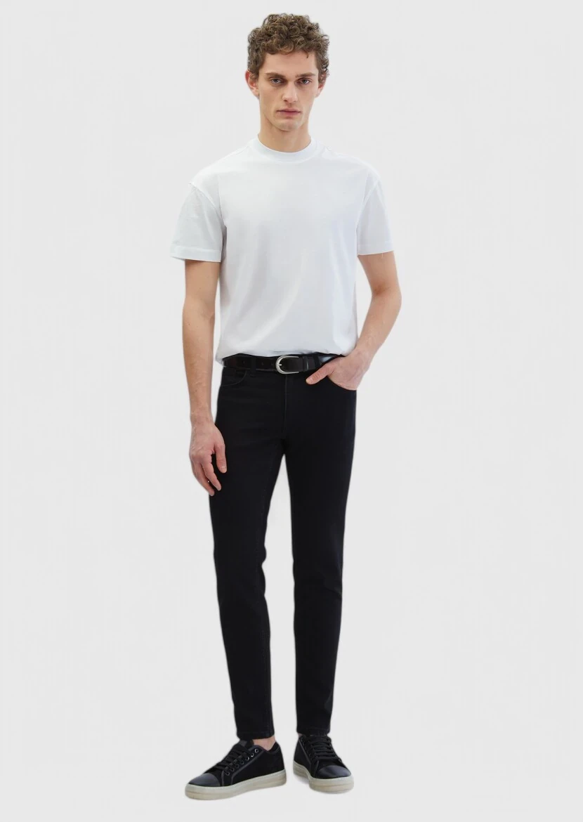 Black Slim Fit Denim Cotton Blended Trousers - RAMSEY