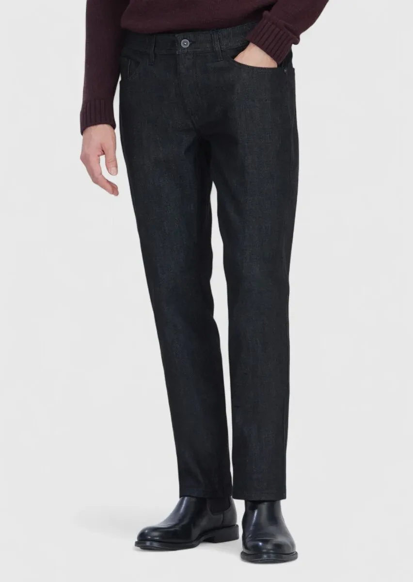 Black Slim Fit Denim Cotton Blended Trousers - 2