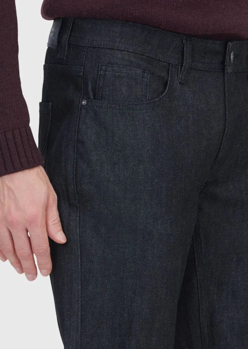 Black Slim Fit Denim Cotton Blended Trousers - 3