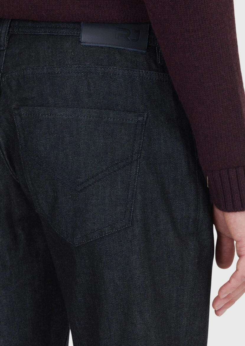 Black Slim Fit Denim Cotton Blended Trousers - 4