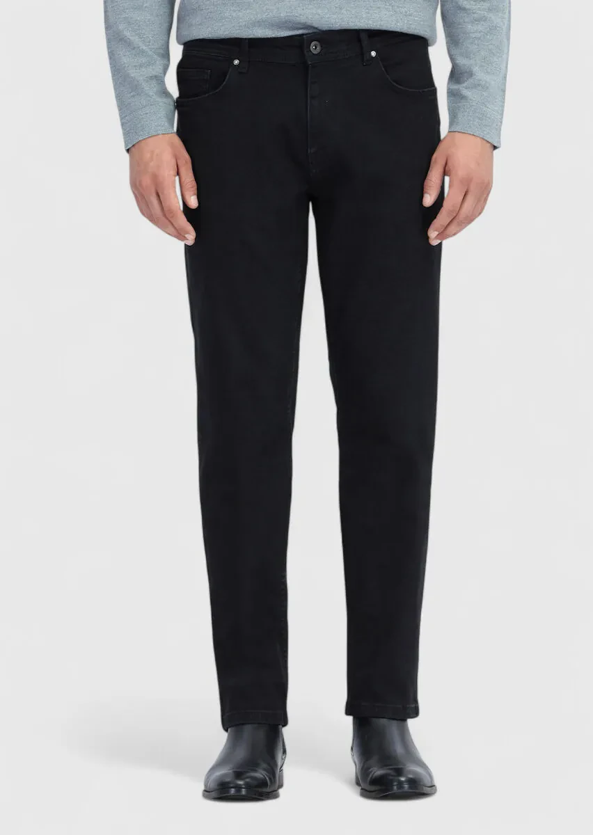 Black Slim Fit Denim Cotton Blended Trousers - 2