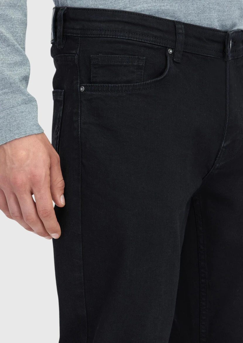 Black Slim Fit Denim Cotton Blended Trousers - 3