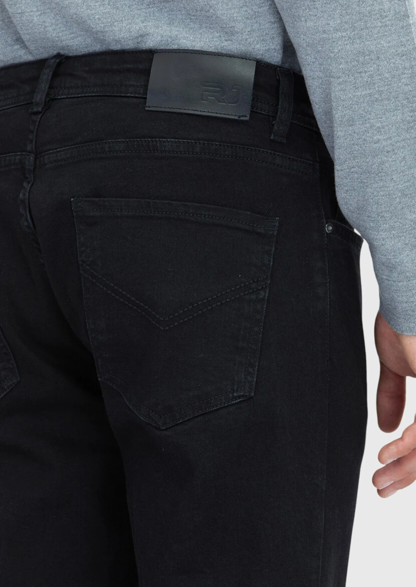 Black Slim Fit Denim Cotton Blended Trousers - 4