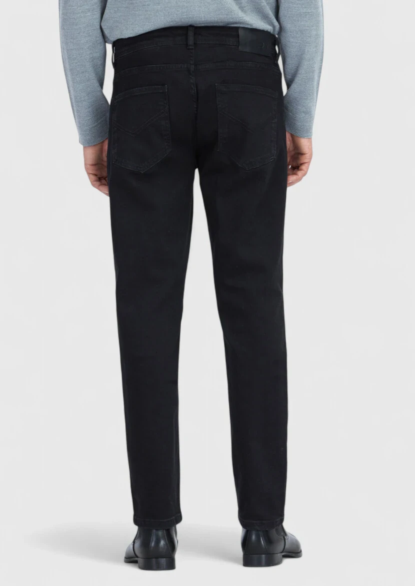 Black Slim Fit Denim Cotton Blended Trousers - 5