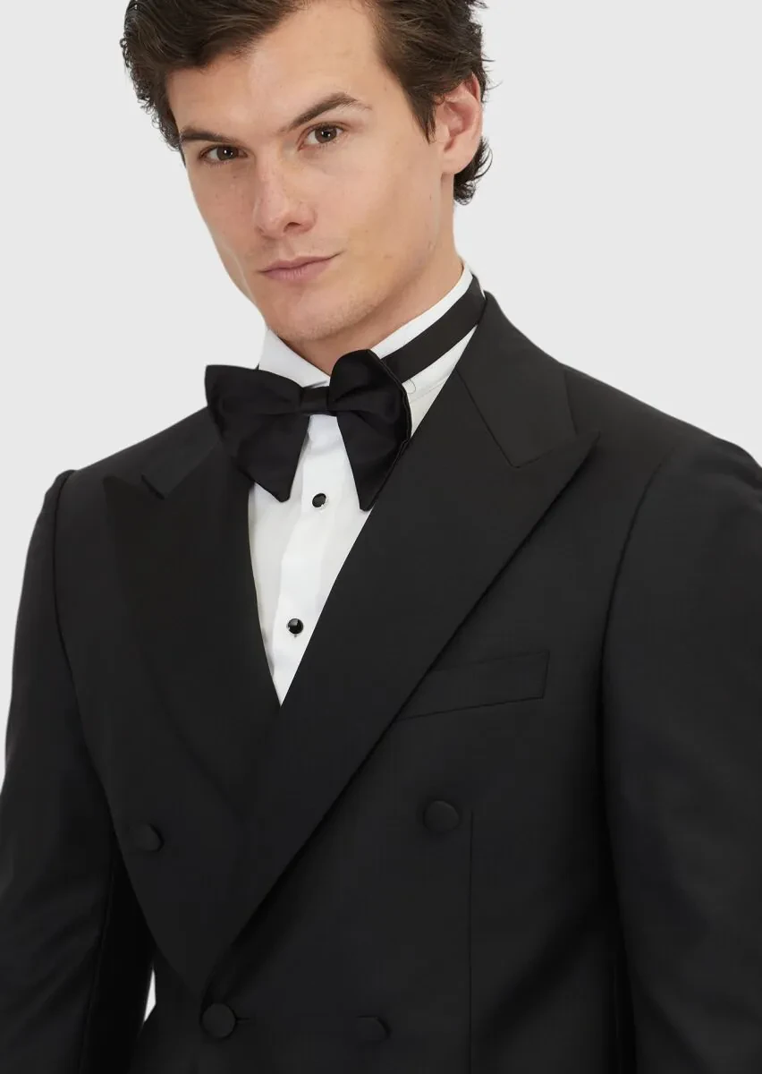 Black Slim Fit Double Breasted Collar Weaving Tuxedo - 3