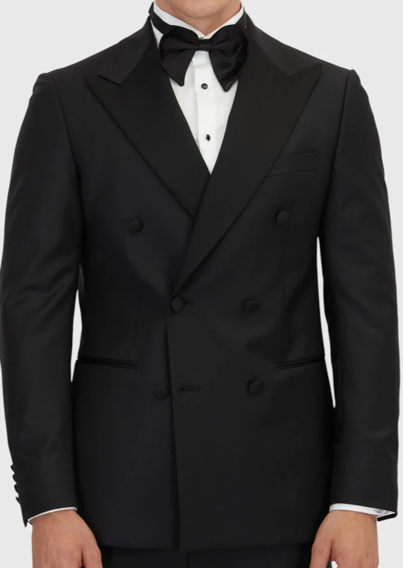 Black Slim Fit Double Breasted Collar Weaving Tuxedo - 4