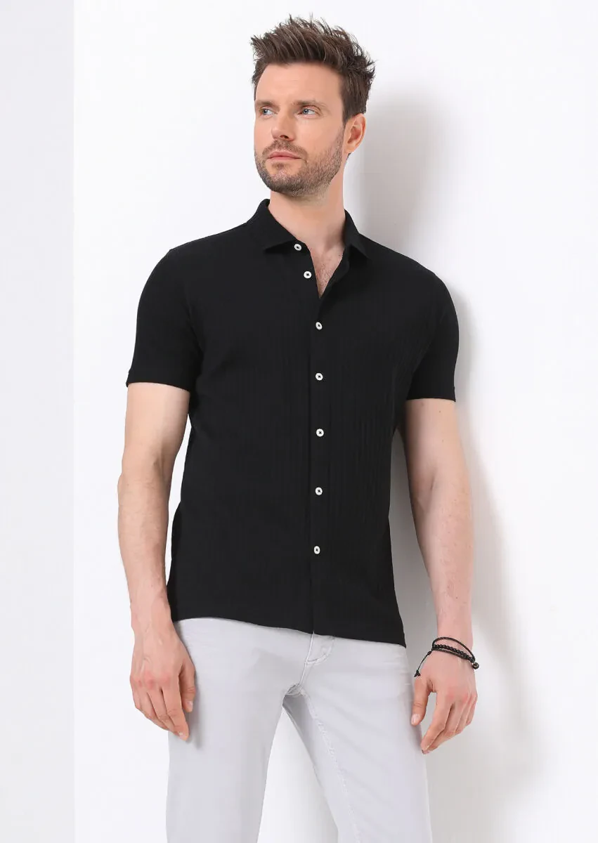 Black Slim Fit Knitting Casual 100% Cotton Shirt - 1