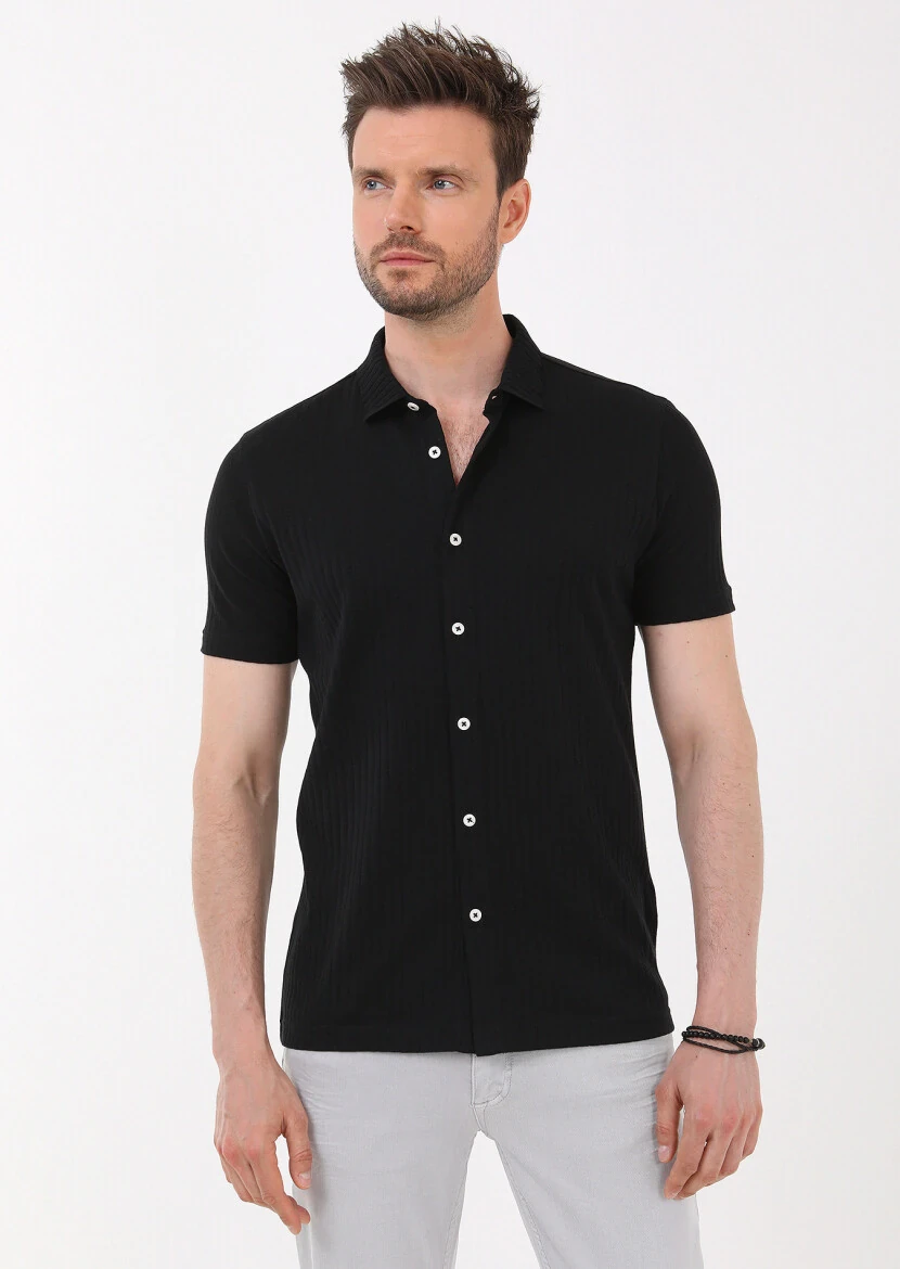 Black Slim Fit Knitting Casual 100% Cotton Shirt - 3
