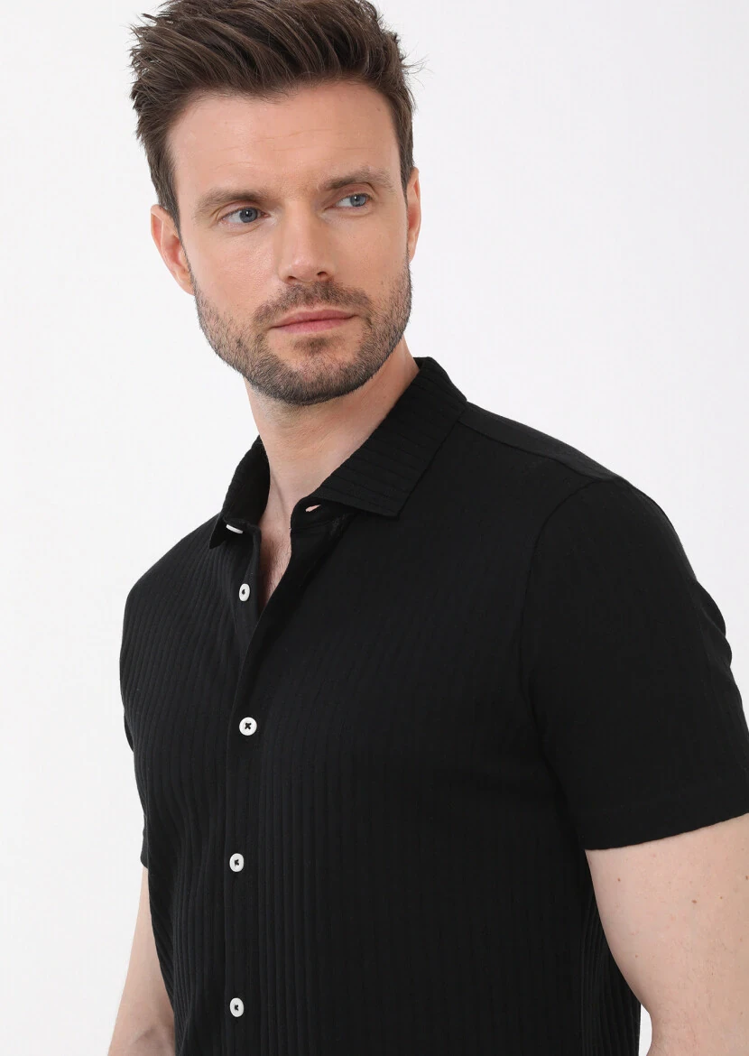 Black Slim Fit Knitting Casual 100% Cotton Shirt - 4