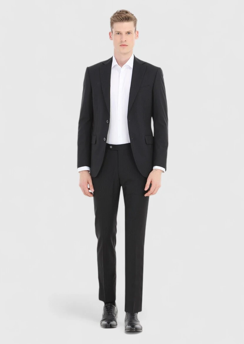 Black Striped Modern Fit 100% Wool Suit - 1