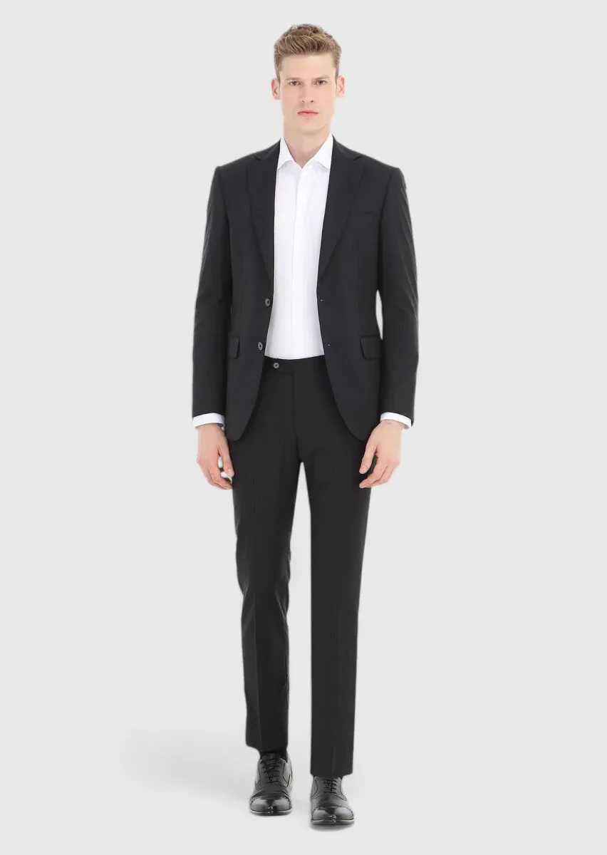 Black Striped Modern Fit 100% Wool Suit - 1