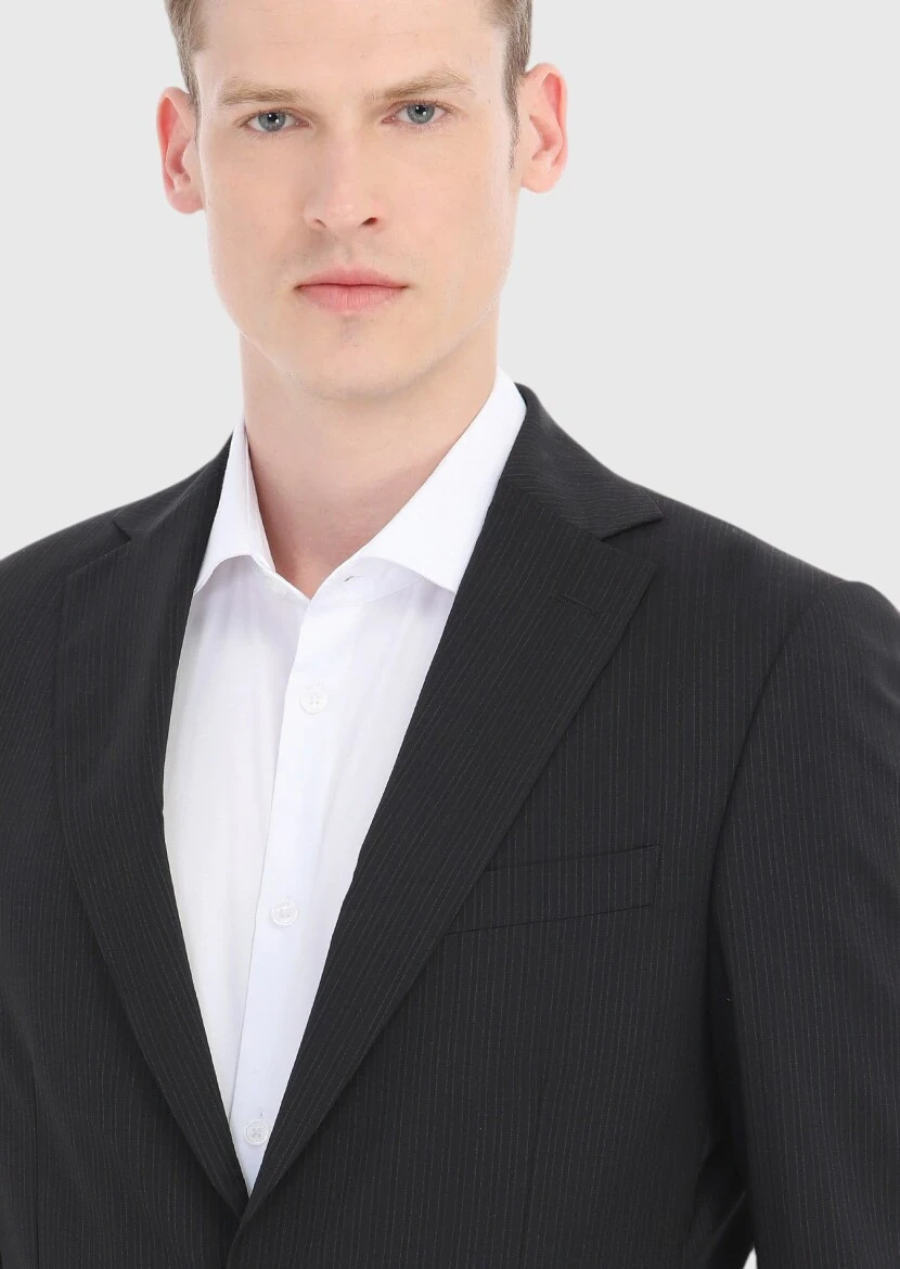 Black Striped Modern Fit 100% Wool Suit - 3