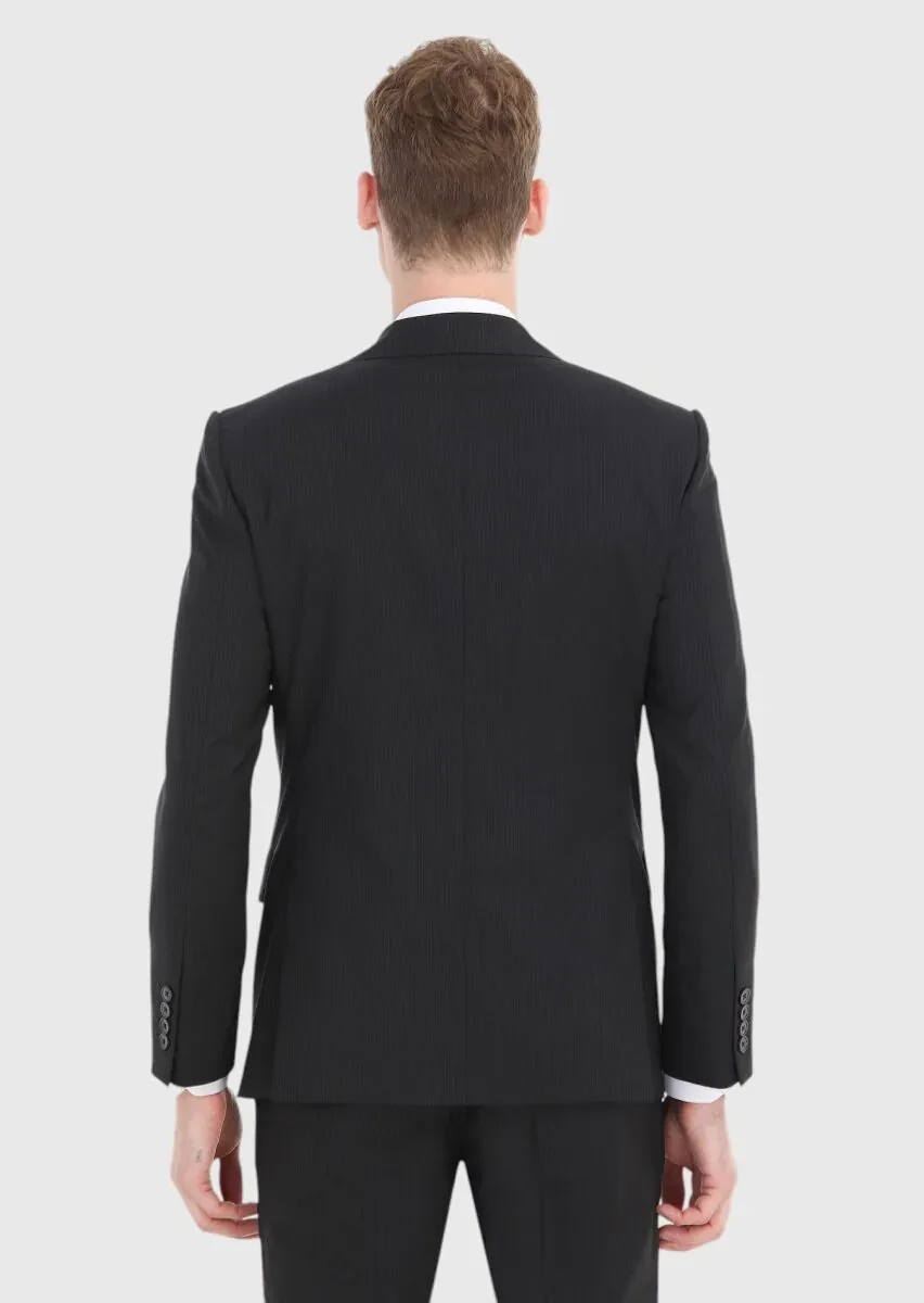 Black Striped Modern Fit 100% Wool Suit - 5