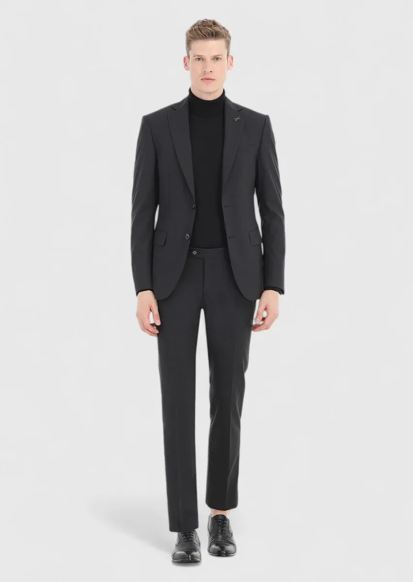Black Striped Modern Fit 100% Wool Suit - 1