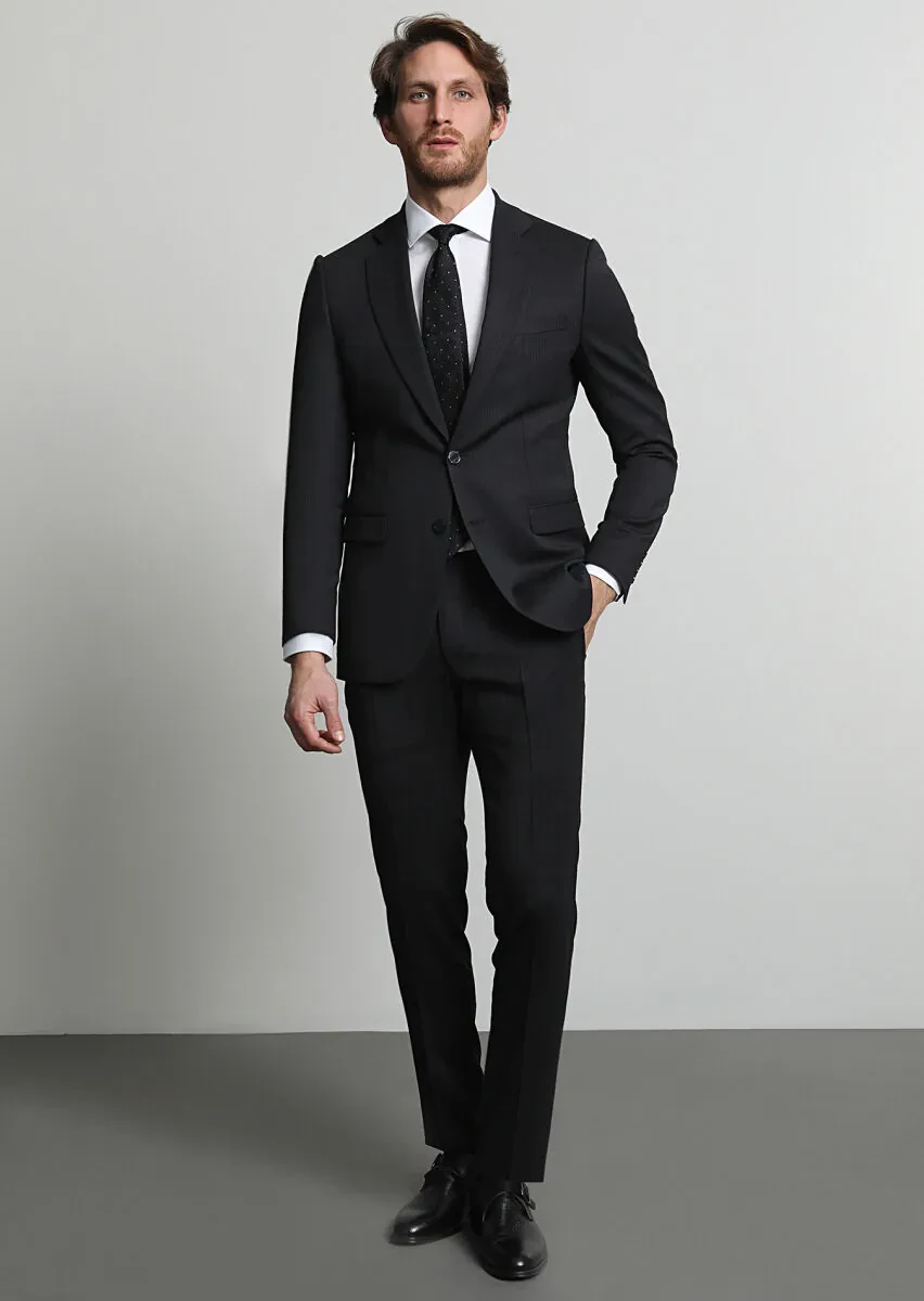 Black Striped Modern Fit Wool Blended Suit - 1