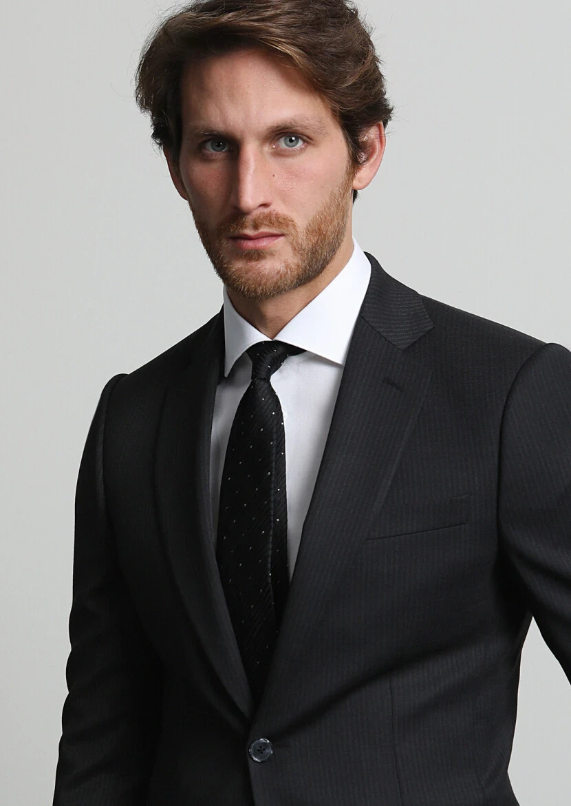 Black Striped Modern Fit Wool Blended Suit - 2