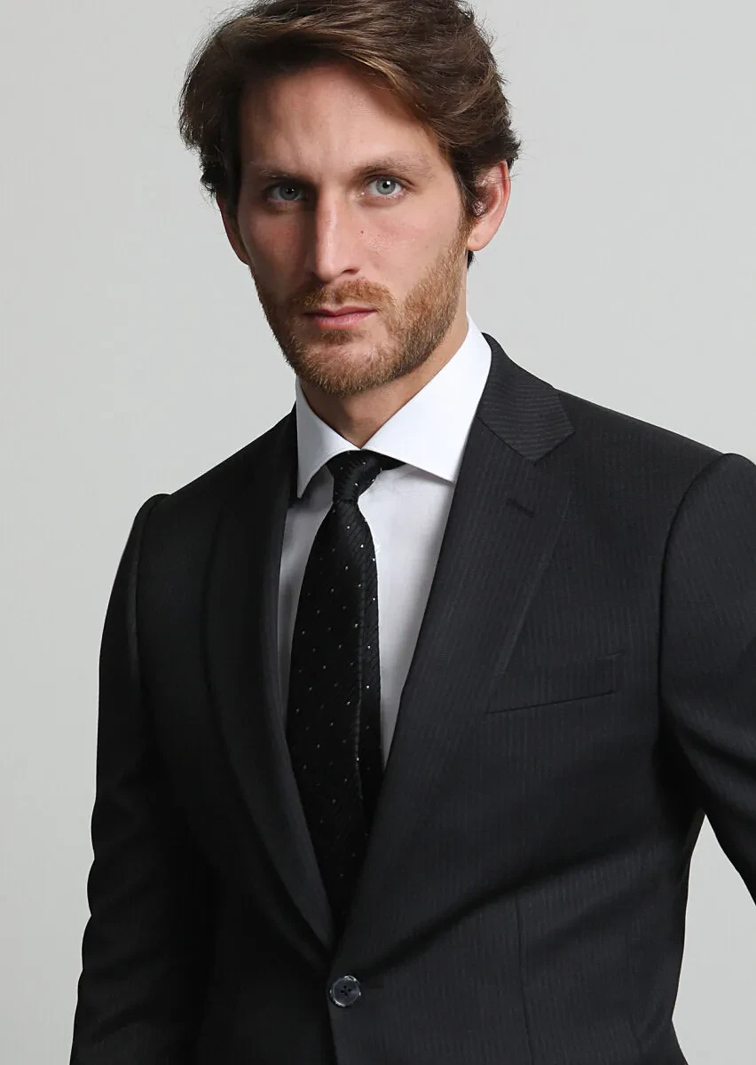 Black Striped Modern Fit Wool Blended Suit - 2