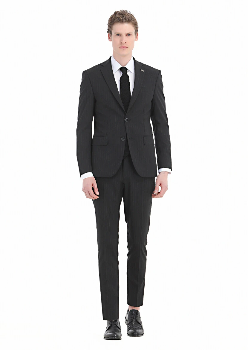 Black Striped Modern Fit Wool Blended Suit - 1