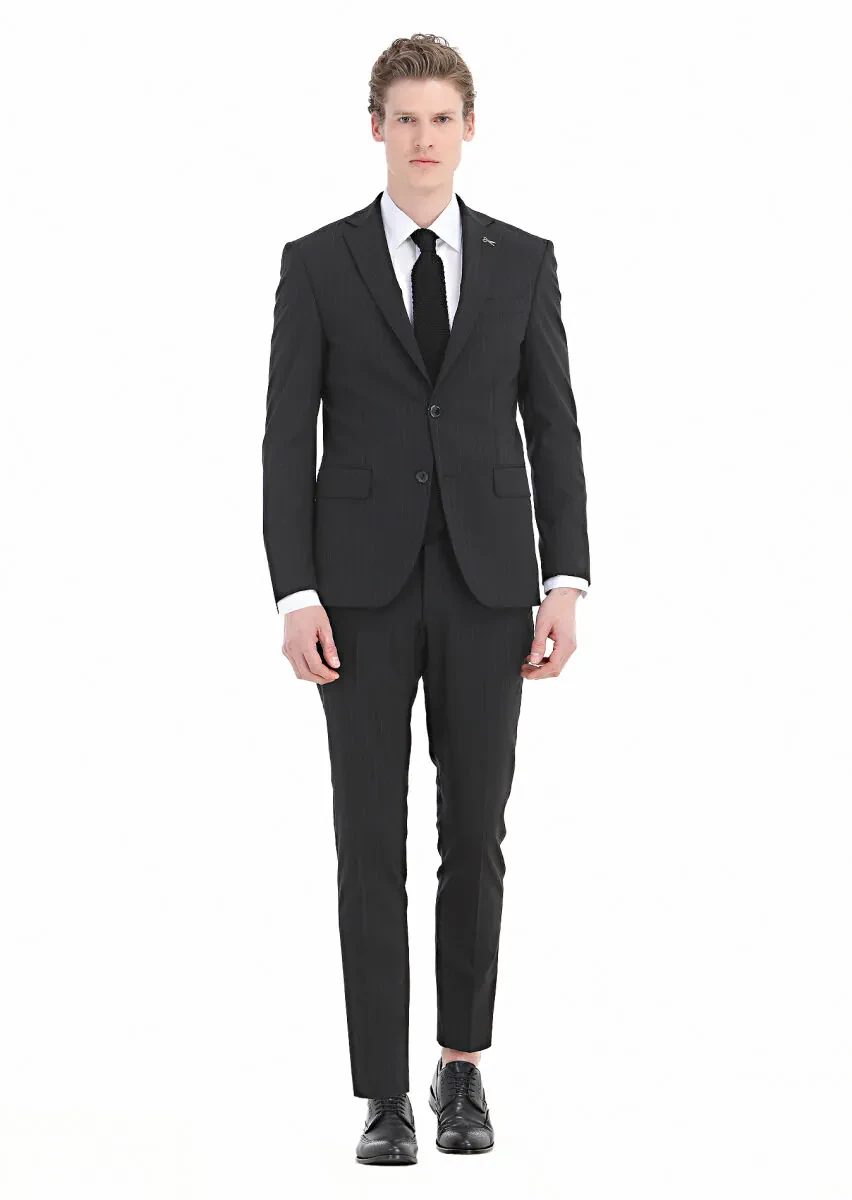 Black Striped Modern Fit Wool Blended Suit - 1