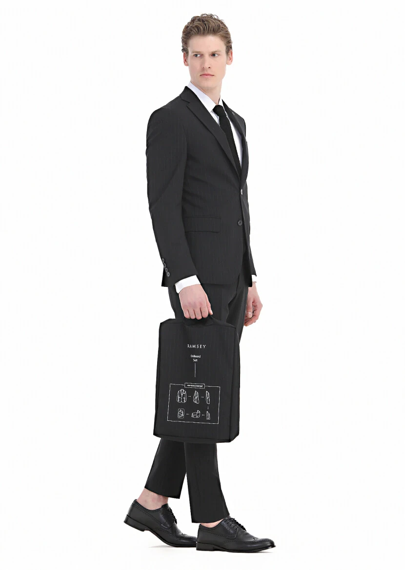 Black Striped Modern Fit Wool Blended Suit - 2