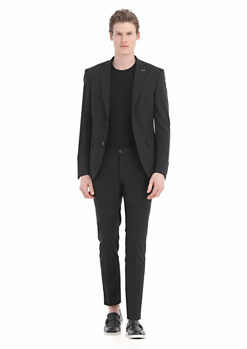 Black Striped Modern Fit Wool Blended Suit - 3