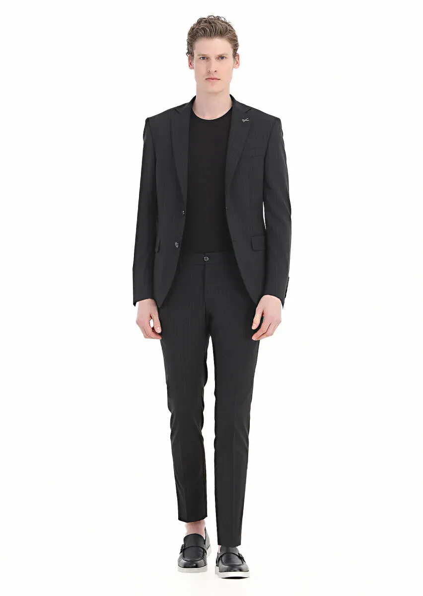 Black Striped Modern Fit Wool Blended Suit - 3