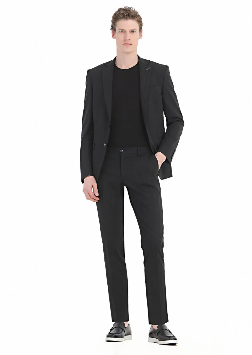 Black Striped Modern Fit Wool Blended Suit - 6