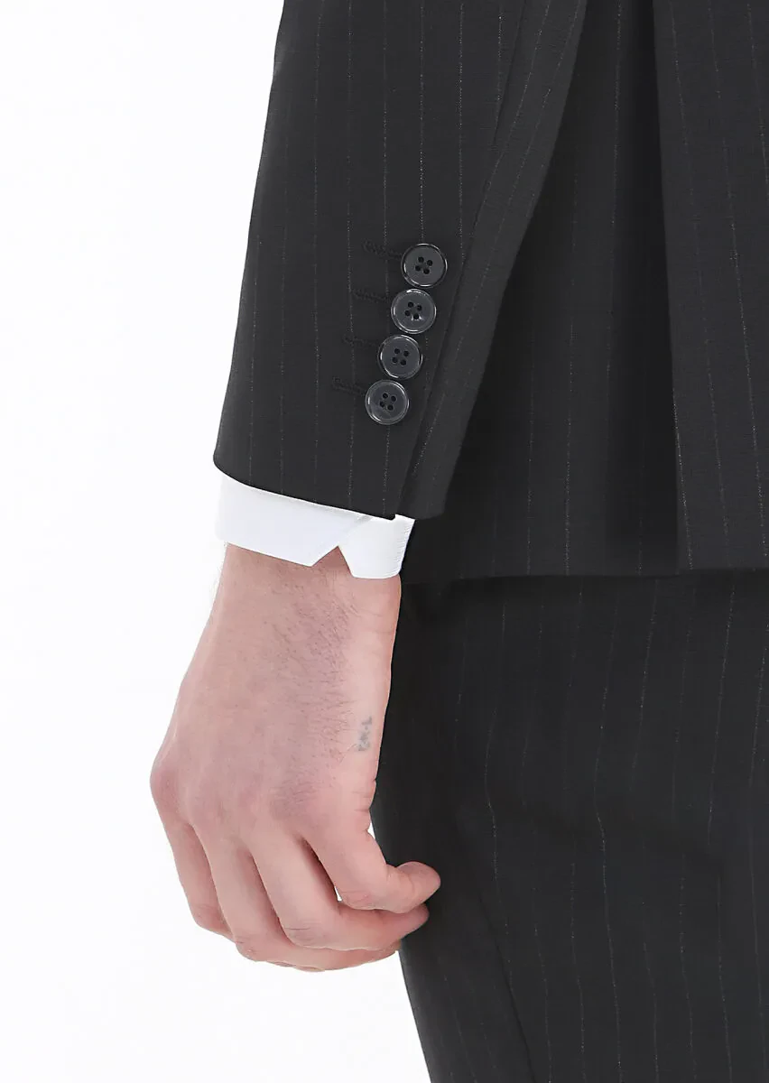 Black Striped Modern Fit Wool Blended Suit - 9