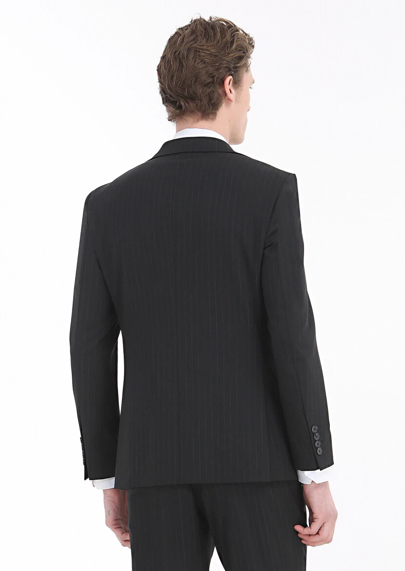 Black Striped Modern Fit Wool Blended Suit - 10