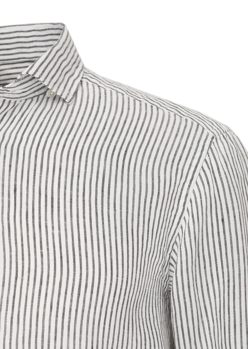 Black Striped Regular Fit Weaving Casual 100% Linen Shirt 