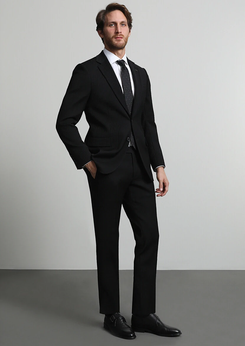 Black Striped Thin&Taller Slim Fit Wool Blended Suit - 1