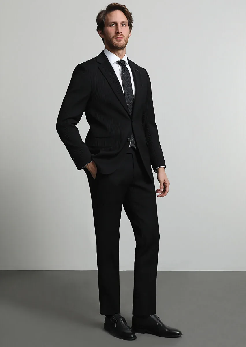 Black Striped Thin&Taller Slim Fit Wool Blended Suit - 1